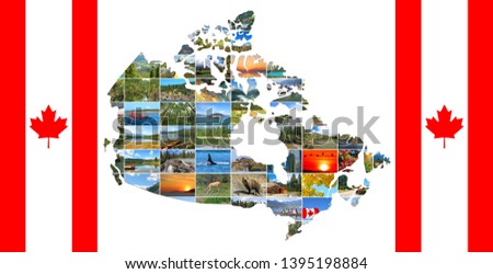 Canada Map ( shape, silhouette ) made of Canadian landscapes photo. National Parks. Canada National Flags. Travel and Tourism. Canada Day Holiday