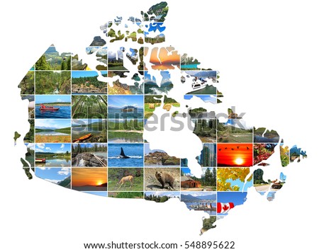Canada Map ( shape,silhouette) create of Canadian Landscapes photo on a white background. National Parks and Landscapes.  Travel and Tourism Concept