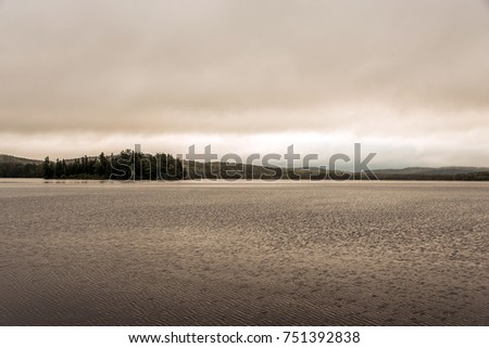 Canada Ontario Lake two rivers grey morning dark atmosphere little pinetree island on water Algonquin National Park