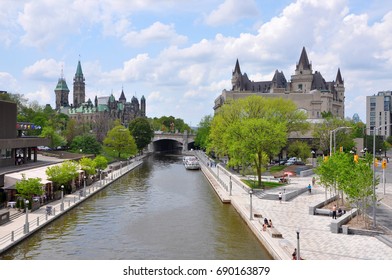 Canada Parliament Buildings and Rideau Canal, Ottawa, Ontario, Canada. Rideau Canal was registered as a UNESCO World Heritage Site.