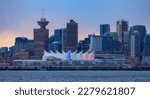 Canada Place, City Skyline, Urban Downtown Cityscape. Vancouver, British Columbia, Canada. Winter Sunset Sky.