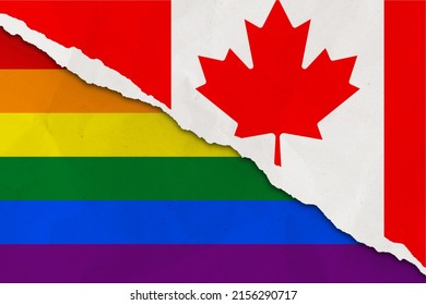 Canada And Rainbow Flag Ripped Paper Grunge Background. Concept Of Conflict And LGBT Rights. Canada Vs LGBT Community Metaphor. Tension And Crisis For Civil Right And Gay Pride