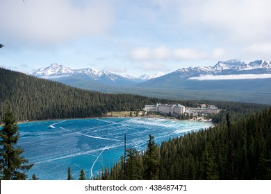 Canada, Rocky Mountains: view point above lake Louise with view at the frozen lake and also the hotel Fairmont Chateau
