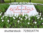Canada sign in the middle of garden with  with tulips flowers