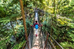 Une Touriste Voyageuse Du Canada Se Promenant Dans La Célèbre Attraction Capilano Suspension Bridge Dans Le Nord De Vancouver (Colombie-Britannique), Destination Touristique Canadienne.