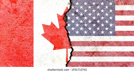 Canada Vs USA (United States Of America) National Flags Icon Isolated On Broken Cracked Wall Background, Abstract Canada US Politics Economy Relationship Conflicts Concept