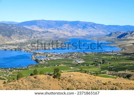 Canadian agricultural landscape aerial of a vineyard in the Okanagan Valley in Osoyoos, British Columbia, Canada.