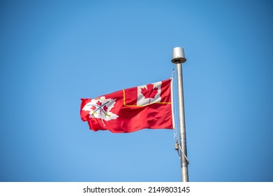 Canadian Army Flag On Blue Sky.