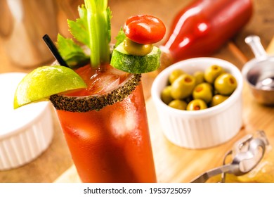 Canadian Caesar Drink, Typical Canadian Drink, With Hot Sauce, Celery, Lemon, Vodka And Ice