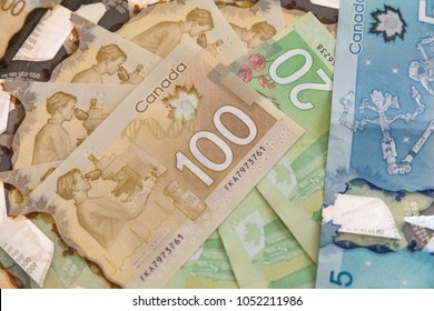Canadian Dollars, concept of business and finance.Canadian banknotes of different values on a black background