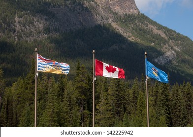 Canadian flag, British Columbia flag and Alberta flag blowing in the wind in the Canadian alpine.