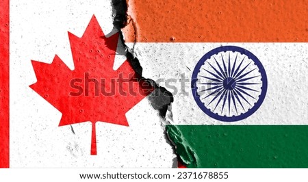 The Canadian flag and the Indian flag are both made from paint crackle patterns. Concept map depicting dialogue between Canada and India. Basemap and background concept. double exposure hologram Stock photo © 