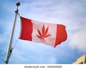 A Canadian flag with the maple leaf replaced by a marijuana leaf. Cannabis legalization in Canada.
