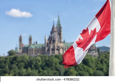 Canadian flag waving with Parliament Buildings hill and Library in the background