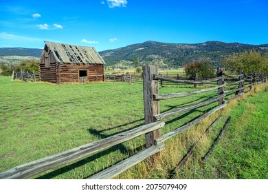 Canadian landscape of old rustic farm building on a ranch in the Nicola Valley near Merritt, British Columbia, Canada.