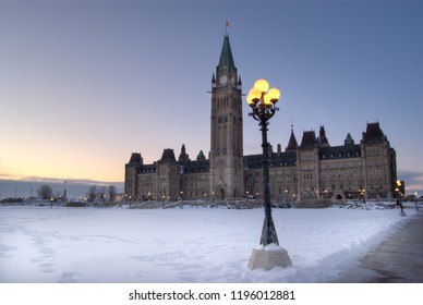 Canadian Parliament Building In Winter Viewed From The Front Horizontal