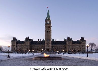 Canadian Parliament Building In Winter Viewed From The Front