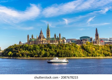 Canadian Parliament In Ottawa And River In A Sunny Day, Canada