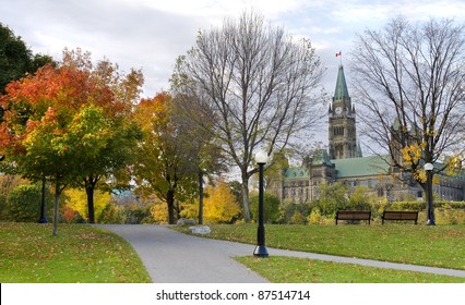The Canadian Parliament seen from Major's Hill Park in Ottawa during autumn.