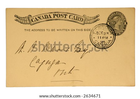 Canadian Post Card with Imprinted One Cent Queen Victoria Stamp, Dated 1894.