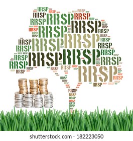 Canadian Registered Retirement Savings Plan Concept Word Cloud With Coins And Green Grass