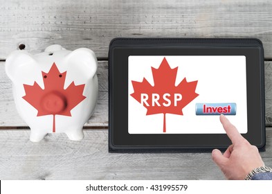 Canadian Registered Retirement Savings Plan Concept With Piggy Bank And Coins Stacks