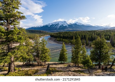 Canadian Rockies Jasper National Park Landscape Background. Athabasca River, Whistlers Peak Nature Scenery In Late Spring To Summer. Alberta, Canada.