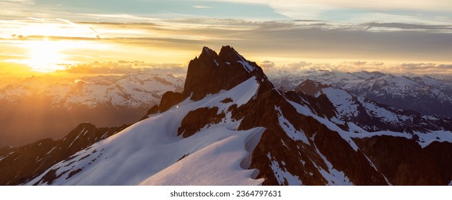 Canadian Rocky Mountain Landscape Aerial Nature Background. Sunset Sky. Squamish, British Columbia, Canada.