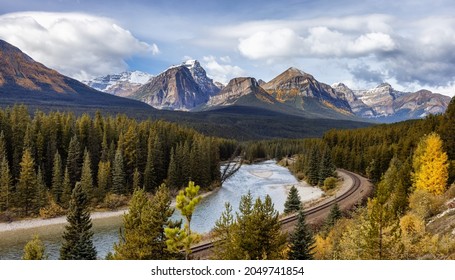 Canadian Rocky Mountain Landscape. Fall Season Cloudy Sunny Sky. Lake Louise, Banff National Park, Alberta, Canada. - Shutterstock ID 2049741854