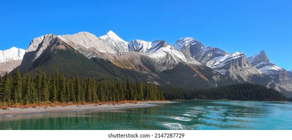 Canadian rocky mountains along Lake Maligne in Jasper national park, Canada.