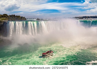 Canadian side view of Niagara Falls, Horseshoe Falls and boat tours in a sunny day  in Niagara Falls, Ontario, Canada - Powered by Shutterstock