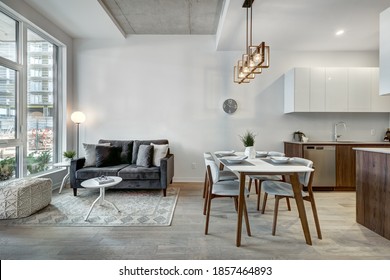 Canadian style luxury furnished staged brand new apartment in the apartment building with the exterior views - Shutterstock ID 1857464893
