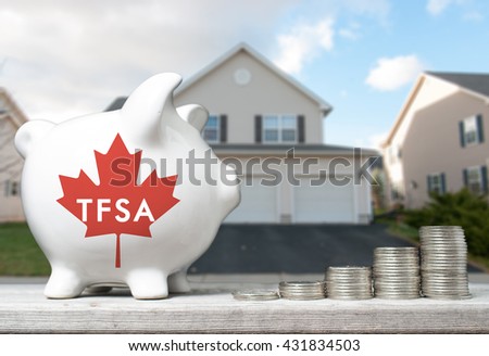Canadian Tax-Free Savings Account concept with a piggy bank and coins stacks