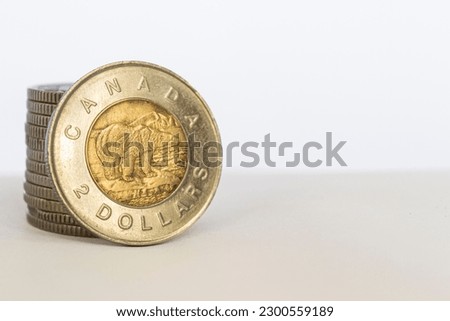 Canadian two-dollars coin isolated on white background closeup
