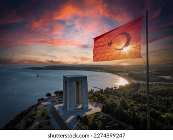 Canakkale - Turkey, Gallipoli peninsula, where Canakkale land and sea battles took place during the first world war. Martyrs monument and Anzac Cove. Photo shoot with drone in sunset landscape. - Powered by Shutterstock