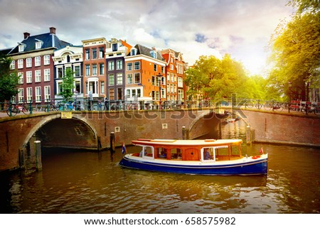 Similar – Image, Stock Photo Beautiful Architecture Of Dutch Houses and Houseboats On Amsterdam Canal In Autumn