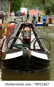 Canal Boat With Bicycle On Etruria Canal In The Potteries England