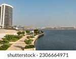 The canal and buildings in the new Al Raha Beach neighbourhood in Abu Dhabi. Al Raha Beach is a mixed-use development with waterfront apartments.