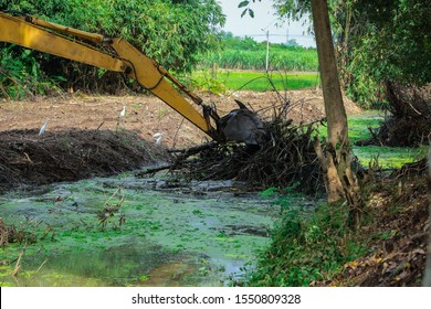 Canal dredging work Used for backhoe digging, scooping up debris, mud, tree branches, draining water  the canal.