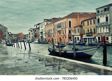 Canal With Gondolas In Venice, Italy. Venice In Winter Time. Vintage Toned. Polaroid Filter Applied.