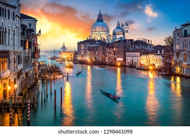 Canal Grande with gondola at sunset, Venice, Italy