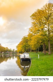 Canal with ships in the historic Prinsentuin park in Leeuwarden, Netherlands