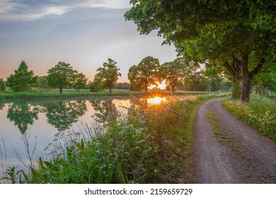 Göta Canal In Sweden During Sunset