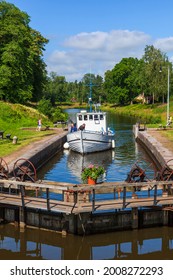 Göta Canal, Sweden, July, 2017, Boat In A Lock