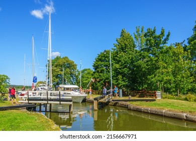 Göta Canal, Sweden, July, 2017, Boats With Opening Lock Gates