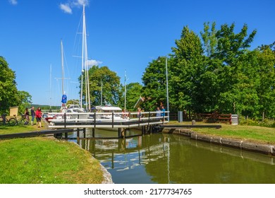 Göta Canal, Sweden, July, 2017, Boats To Lock At Gota Canal In Sweden