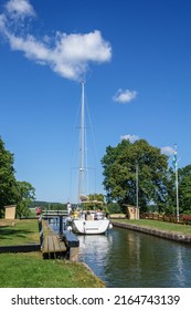 Göta Canal, Sweden, July, 2017, Sailboat In A Canal Lock