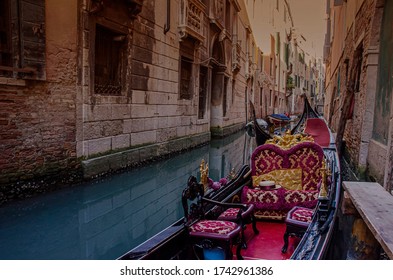 Canal With Traditional Gondola In Venice, Italy. Venice Postcard. Inside Gondola.