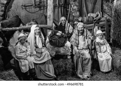 Canale, Italy - December 26, 2015: As every year the medieval town becomes a living Nativity scene. Next to the shepherds and the Holy Family revived ancient crafts and customs of the past.
