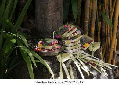 Canang sari, woven bamboo container with rice, flowers, incense, sweets and fruits. This is an offering to the Gods, as a gesture of gratitude in Bali, Indonesia.